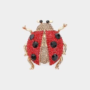 Sparkling Red Ladybug Brooch - Gold Tone Crystal Accent